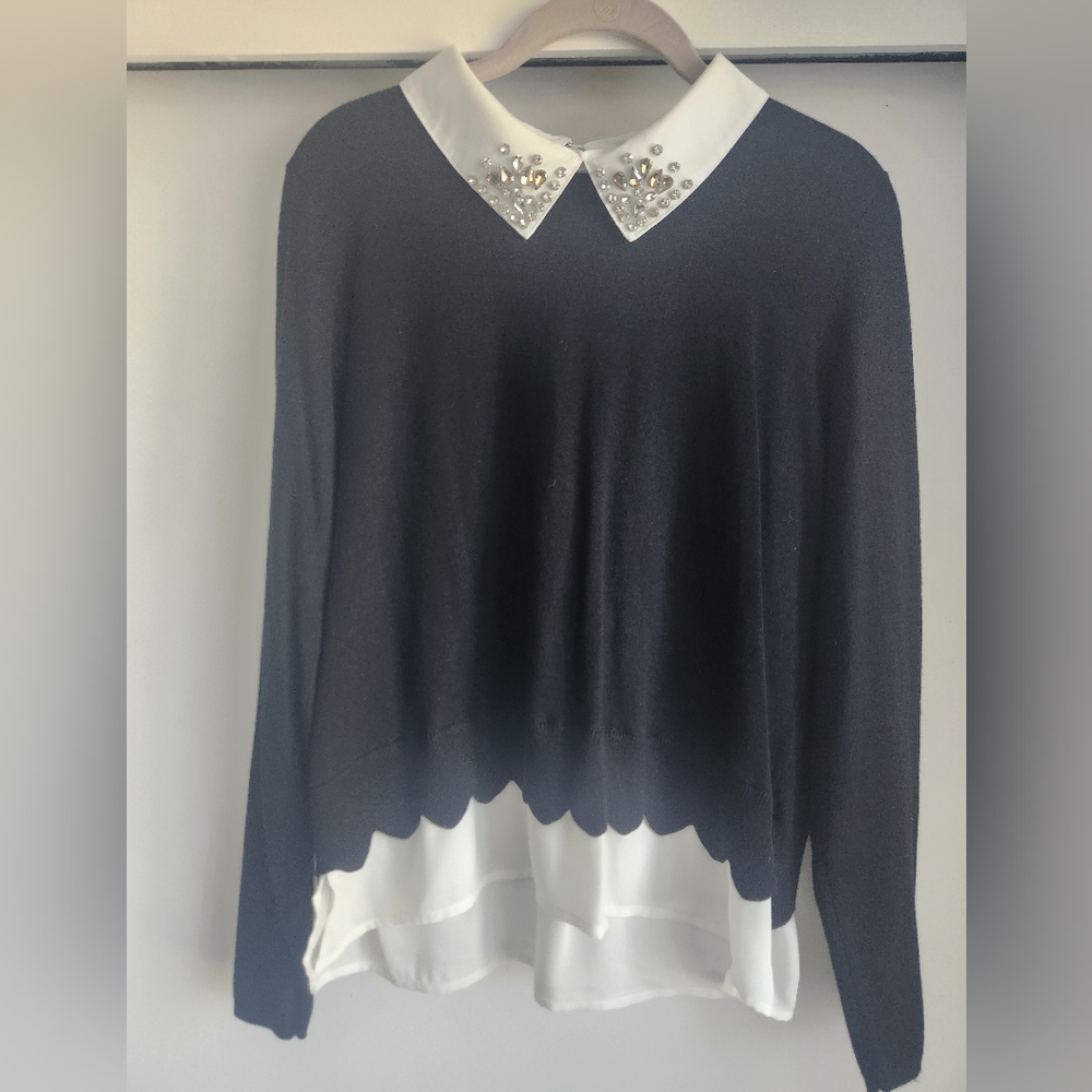 Belldini Black Sweater with White Jeweled Collar PL